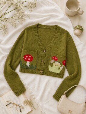 Romwe Mushroom Frog Cardigan Cropped Green Cottagecore Knit M